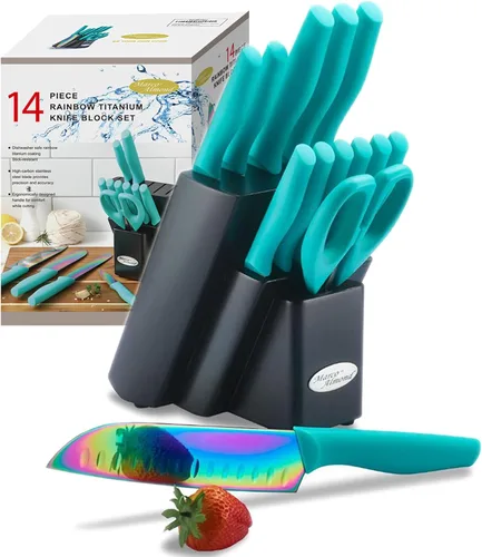 Miniatura 12 de Marco Almond KYA25 - Juego de cuchillos con bloque de cuchillos de titanio arcoíris de 14 piezas, juego de cuchillos para carne con mango negro.
