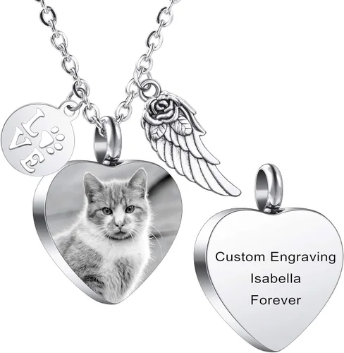 MeMeDIY Collar personalizado con dije de urna de cenizas con estampado de pata de corazón, nombre personalizado, foto, fecha para mujeres, hombres,