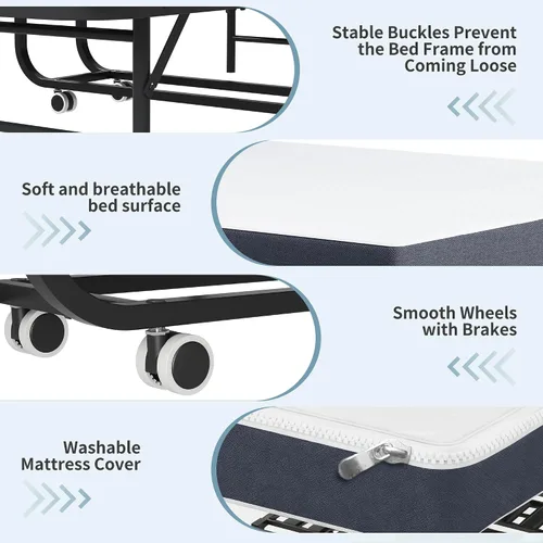 Miniatura 3 de Cama plegable, camas portátiles de 75 x 31 pulgadas para adultos, marco de metal resistente y resistente, cama plegable con ruedas