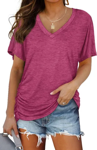 Miniatura 32 de WIHOLL - Camisetas de manga corta con cuello en V para mujer, holgadas, con fruncido lateral