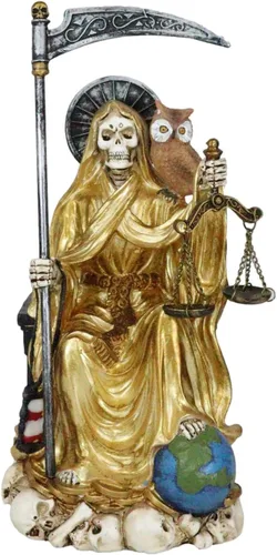 Miniatura 5 de Ebros Gift Santa Muerte Sosteniendo Guadaña Reloj de arena y escalas de justicia con búho sabio sentado en el trono Estatuilla Hueso de la Muerte