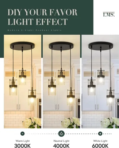 Miniatura 6 de LMS Lámparas colgantes negras de 3 luces, lámpara colgante ajustable para cocina, luces colgantes en racimo, LMS-188 Negro - Vidrio martillado
