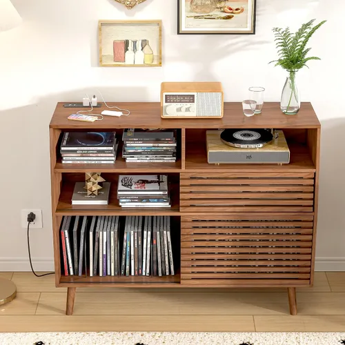 Miniatura 8 de Jluomei Soporte grande para tocadiscos, soporte para tocadiscos de mediados de siglo con puertas y estación de carga, mesa para tocadiscos