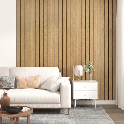 Miniatura 2 de Paneles de madera marrón para despegar y pegar, panel de listones de pared de madera sintética acústica con textura 3D, autoadhesivo, insonorizado