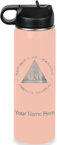 Miniatura 65 de LaserGram Botella de agua personalizada, bandera de Nicaragua, acero inoxidable de doble pared aislada al vacío con popote superior, regalo grabado
