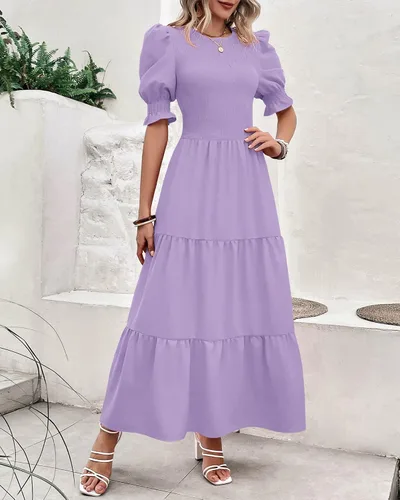 Miniatura 144 de BTFBM Vestidos para mujer, cuello redondo, casual, de verano, con volantes, manga corta, bohemio, con niveles, fruncido, largo, con estampado floral