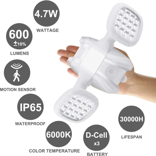 Miniatura 2 de HONWELL Luz con sensor de movimiento para exteriores, funciona con pilas, luz de inundación de seguridad exterior, inalámbrica, IP65, impermeable