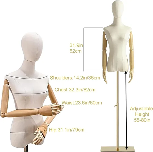 Miniatura 3 de Maniquí Femenino Forma de Vestido Torso, Cuerpo de Maniquí de Exhibición con Cabeza Desmontable, Manos de Madera y Soporte Dorado de Altura