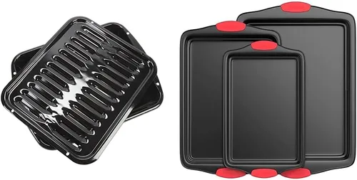 Whirlpool Juego de 3 piezas para asador de sartenes originales y NutriChef antiadherentes para horno de cocina, revestimiento gris antiadherente de