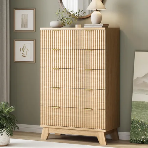 Miniatura 25 de Xixini - Cómoda moderna de madera acanalada para dormitorio, sala estar, pasillo o armario, para organizar y almacenar ropa o soporte de TV, 6 Roble