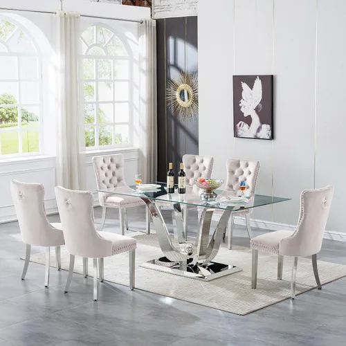 Miniatura 32 de Mesa de comedor moderna de vidrio de 70 pulgadas para 6-8, mesa de comedor de cristal dorado de lujo con base de acero inoxidable en forma de flores
