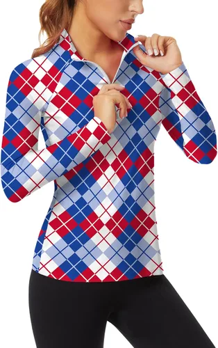 Miniatura 27 de WOWENY Camiseta deportiva de manga larga para mujer, con cremallera de un cuarto, cuello para entrenamiento, camiseta de tenis con estampado