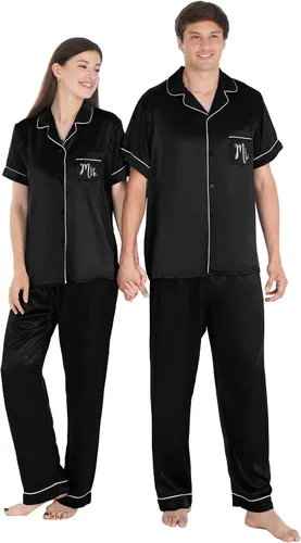 AW BRIDAL Juego de 4 pijamas de satén a juego para parejas, pijamas de seda suave de manga corta para mujeres, hombres, parejas, regalos para señor