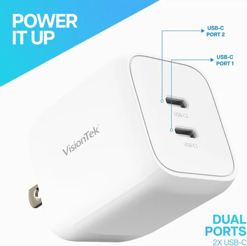 Miniatura 6 de VisionTek GaN II - Cargador rápido de pared de 45 W, puertos USBC duales, 2 veces USB-C, compatible con MacBook Air, iPad, iPhone, Galaxy, Steam