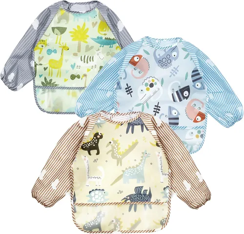 PandaEar Paquete de 3 baberos de manga larga | Babero impermeable de manga completa para bebés de 6 a 36 meses
