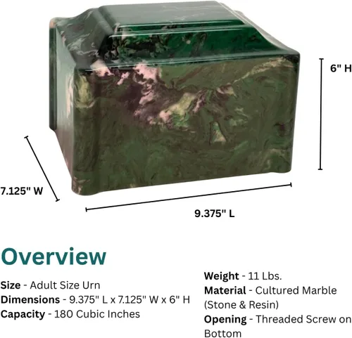 Miniatura 4 de Claremont - Urna de cremación de mármol cultivado, color verde oscuro, tamaño adulto, urna de cenizas humanas para entierro en el suelo
