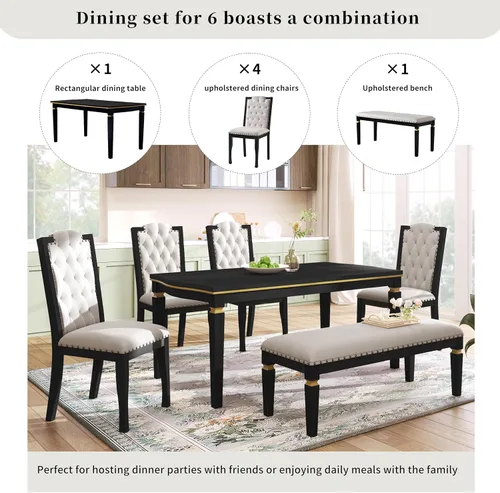Miniatura 4 de Merax Juego de mesa de comedor de cocina de 6 piezas, mesa rectangular de 60 pulgadas con 4 sillas tapizadas con respaldo alto y 1 banco, patas