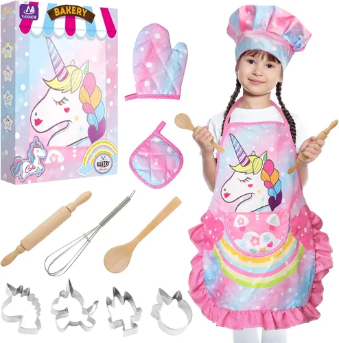 Vanmor Juego de cocina y hornear de unicornio para niños, 11 delantales para niñas, sombrero de chef y delantal rosa, guante y utensilio para