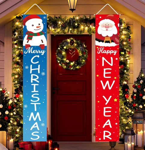 Miniatura 6 de Decoraciones de Navidad Feliz Año Nuevo Decoraciones Feliz Navidad Muñeco de Nieve Santa Claus Banner de Navidad Cartel de Porche de Puerta