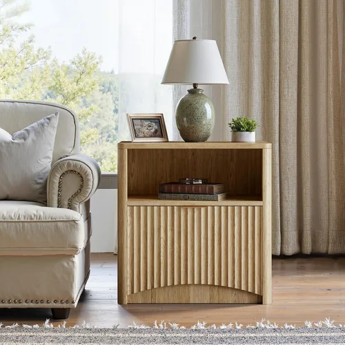 Miniatura 7 de Evermagin Mesita de noche acanalada, mesita de noche de roble natural con cajón y almacenamiento, mesa auxiliar de madera moderna de mediados