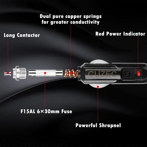 Miniatura 2 de CizEC 1 a 2 encendedor de cigarrillos de coche 16 AWG cable 12 V/24 V encendedor de cigarrillos divisor de coche, adaptador de cargador