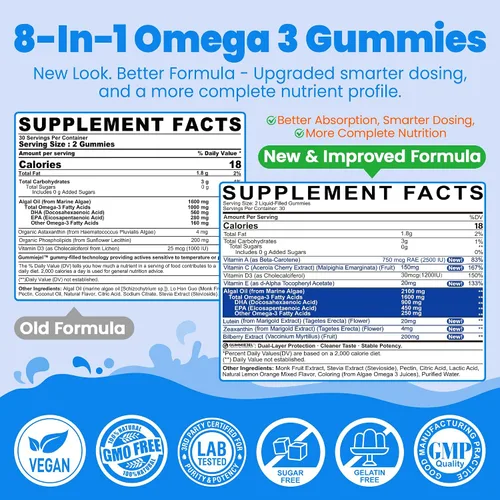 Miniatura 2 de Gomitas Omega 3 de 1600 mg, suplemento de algas Omega 3 sin pescado + multivitamínico, luteína, zeaxantina, arándano, vitamina A, C, D3, E