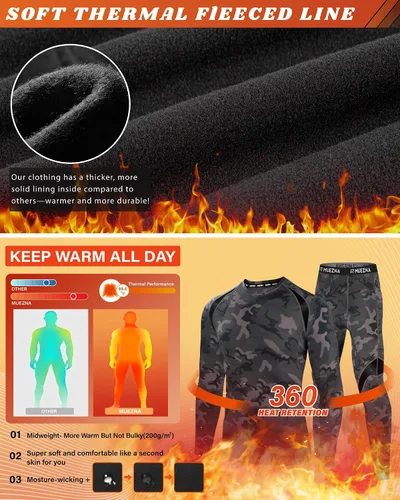 Miniatura 2 de Muezna Conjunto térmico para hombre con parte superior e inferior, capa base larga con forro polar suave