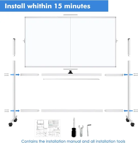 Miniatura 6 de Pizarra blanca rodante de doble cara, 72 x 40 pulgadas, pizarra blanca grande con soportes, pizarra magnética reversible de 360° de borrado en seco