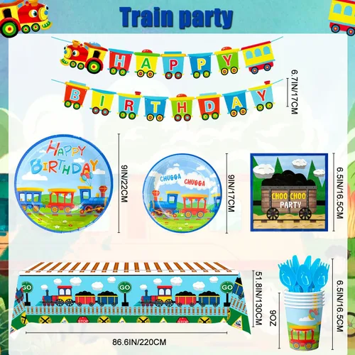 Miniatura 5 de Suministros para fiesta de cumpleaños de tren, juego de vajilla de 128 piezas para decoración de fiesta de tren, platos y tazas, servilletas, tren