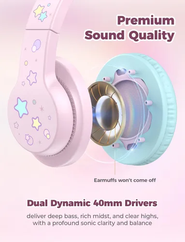 Miniatura 4 de iClever - Auriculares infantiles para la escuela/viajes con volumen seguro de 85dBA, HS19S - Auriculares circumaurales estéreo para niños y niñas