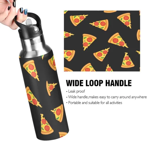 Miniatura 4 de Cartoon Slices Pizza Black Stainless Steel Vacuum Insulated Water Bottle 20 Oz, BPA-Free Sports Water Bottle Leakproof Water Bottles