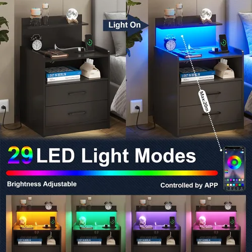 Miniatura 3 de Mesita de noche LED con estación de carga, mesita de noche con 2 cajones y almacenamiento abierto, mesa de noche con luces LED, mesa auxiliar Negro