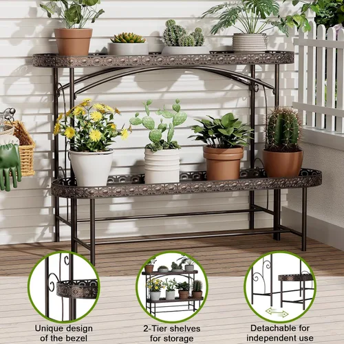 Miniatura 3 de Soporte para Plantas de Exterior Interior de 2 Niveles de Metal, Soporte para Plantas Desmontable de Servicio Pesado, Estante Alto Portamacetas