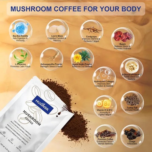 Miniatura 5 de Café de hongos, café instantáneo orgánico con melena de león, reishi, cordyceps, colágeno, β-glucano (prebiótico) para concentración, energía, apoyo