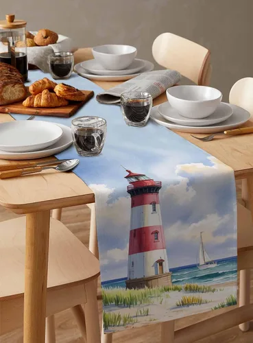 Miniatura 6 de Coastal Lighthouse - Camino de mesa rectangular de lino y algodón de 13 x 36 pulgadas, acuarela, cielo azul, mar, verano, playa, náutico, camino