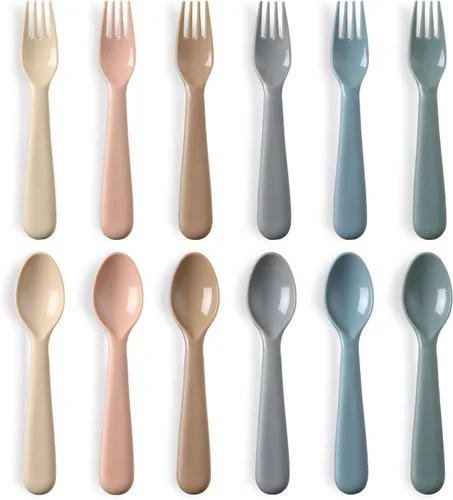 Juego de 12 utensilios para niños pequeños, cucharas y tenedores de plástico para niños, cubiertos seguros para niños, cubiertos reutilizables de
