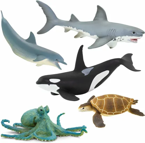 Safari Ltd. Juego de juguetes de animales marinos - Figuras de gran blanco, delfín, tortuga, pulpo y orca - Set de juego para niños, niñas y niños