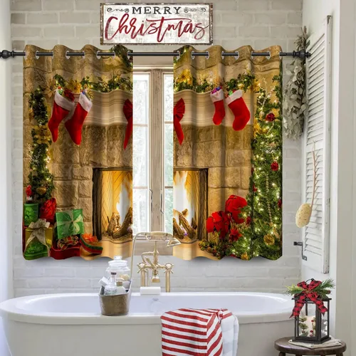 Miniatura 4 de Cortinas con adornos de Navidad impresos, cortinas para ventana de chimenea, calcetines de Navidad, árboles de Navidad, regalos, paneles opacos