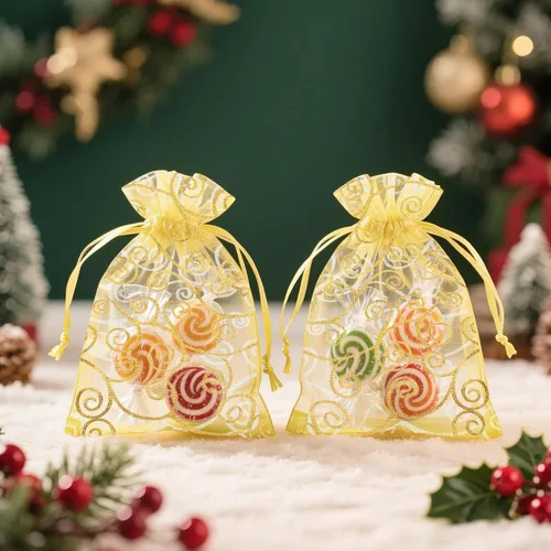 Miniatura 4 de G2PLUS Bolsas de regalo de organza de 4 x 6 pulgadas, 50 bolsas de organza de malla transparente con estampado de ratán dorado, bolsas de joyería