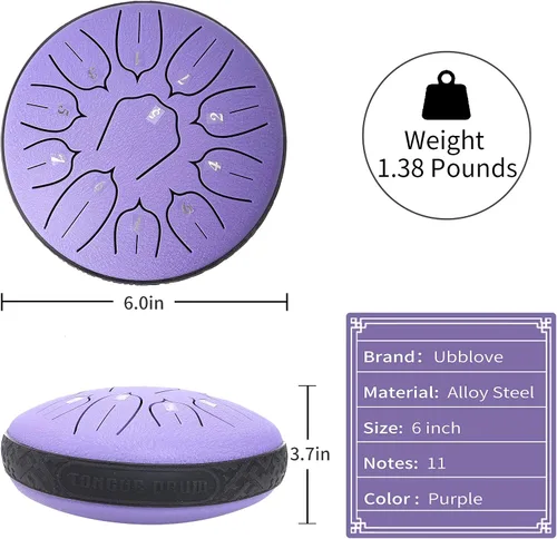 Miniatura 4 de Tambor de Lengua de Acero, Tambor Handpan Ubblove 11 Notas 6 Pulgadas Instrumentos de Percusión con Mazos Bolsa para Meditación Educación Musical 6