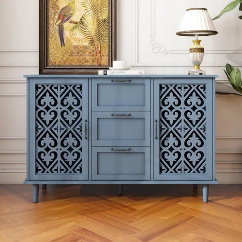Miniatura 3 de LUMISOL Aparador de buffet, armario de almacenamiento de madera maciza con 2 puertas y 3 cajones, mesa consola retro con almacenamiento para Azul