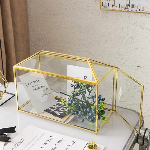 Miniatura 2 de Caja de Tarjetas de Boda de Cristal con Ranura, Caja de Tarjetas Transparente Grande de 12.6 Pulgadas de Latón Dorado con Cerradura para Recepciones