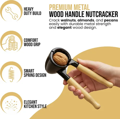 Miniatura 2 de Iconikal Cascanueces de cuerpo metálico resistente con mango de madera, negro y arce - fácil cascanueces para nueces, almendras, pecanas