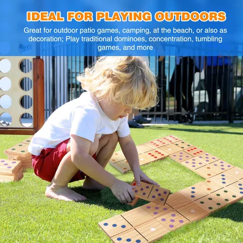 Miniatura 4 de GSE Games & Sports Expert Dominó grande de madera con puntos multicolores, juego de dominó de 28 piezas de 7 x 3.5 pulgadas con bolsa