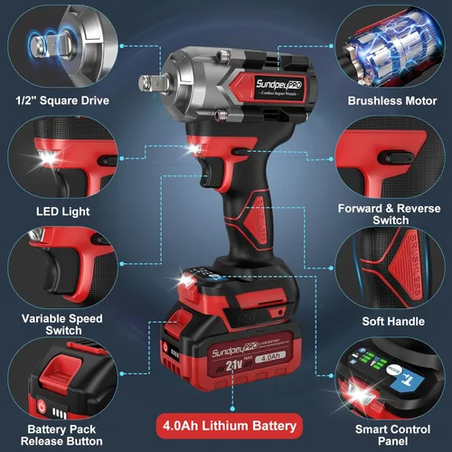 Miniatura 7 de Llave de Impacto Inalámbrica de 750 pies-libras, pistola de impacto de potencia de 1000 N·m, 1/2 pulgada, 21 V, 2600 RPM, Llave de Impacto eléctrica