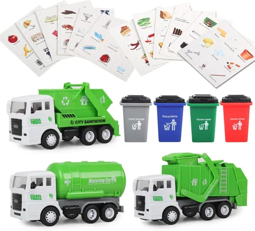 Miniatura 8 de FIVEDAOGANG Pequeño juego de juguetes de camión de basura alimentado por fricción, incluye contenedor de carga frontal, 4 cubos de basura y tarjetas