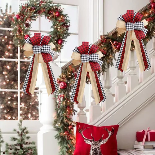Miniatura 4 de Lazos para Coronar Árbol de Navidad Cuadros de Búfalo Rojo Negro Blanco Adornos Hechos a Mano para Corona Puerta Arpillera Decoración Rústica