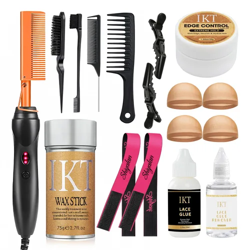Miniatura 8 de Juego de 7 peines calientes, alisador eléctrico para cabello negro, juego de peine caliente con barra de cera para peluca, banda de encaje, peine