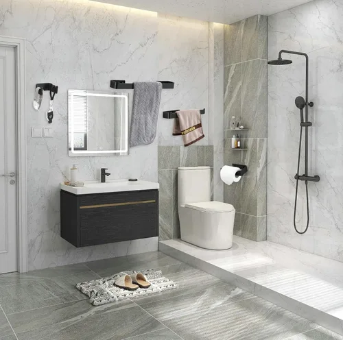 Miniatura 7 de SHUNLI Juego de accesorios de baño de 4 piezas, juego de toallero negro de 15.7 in/toallero de mano, soporte de papel higiénico/gancho de toalla