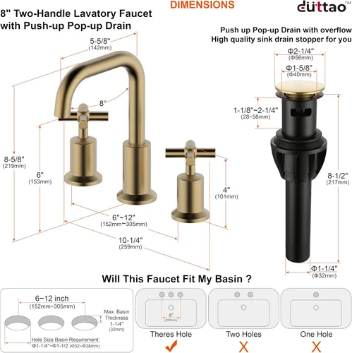 Miniatura 5 de Grifo de baño generalizado de dos manijas, grifos de baño para fregadero de 3 agujeros con drenaje emergente push up, 2 manijas, grifo de fregadero
